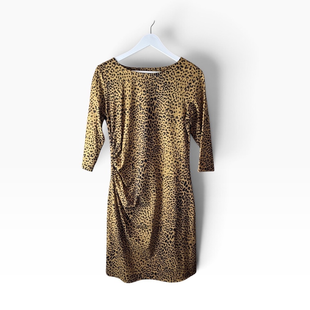 J.McLaughlin Leopard Print Ruched Sheath Dress Tan Black 3/4 Sleeve Size M